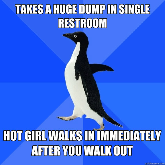 Takes a huge dump in single restroom Hot girl walks in immediately after you walk out  Socially Awkward Penguin