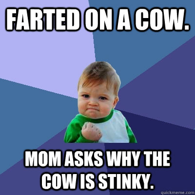 Farted on a cow. Mom asks why the cow is stinky.  Success Kid