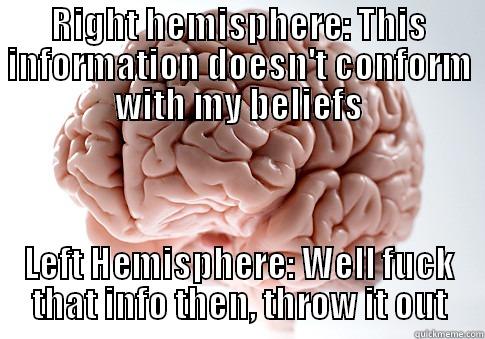 Those silly hemispheres - RIGHT HEMISPHERE: THIS INFORMATION DOESN'T CONFORM WITH MY BELIEFS LEFT HEMISPHERE: WELL FUCK THAT INFO THEN, THROW IT OUT Scumbag Brain