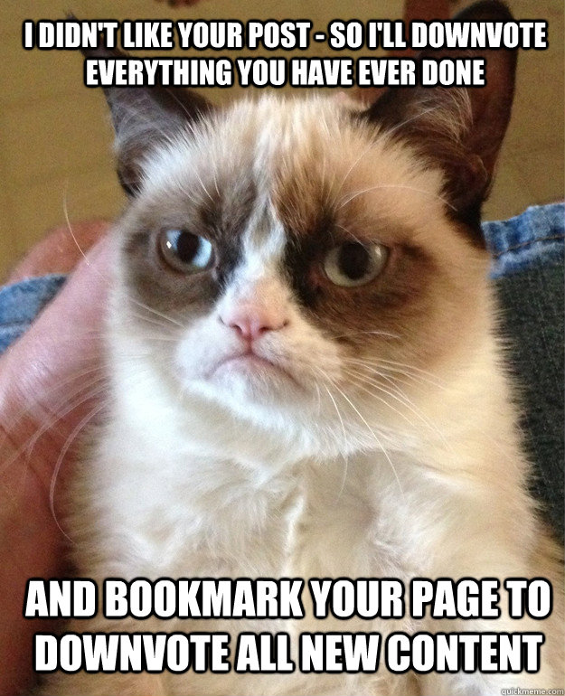 I didn't like your post - So i'll downvote everything you have ever done and bookmark your page to downvote all new content  Grumpy Cat