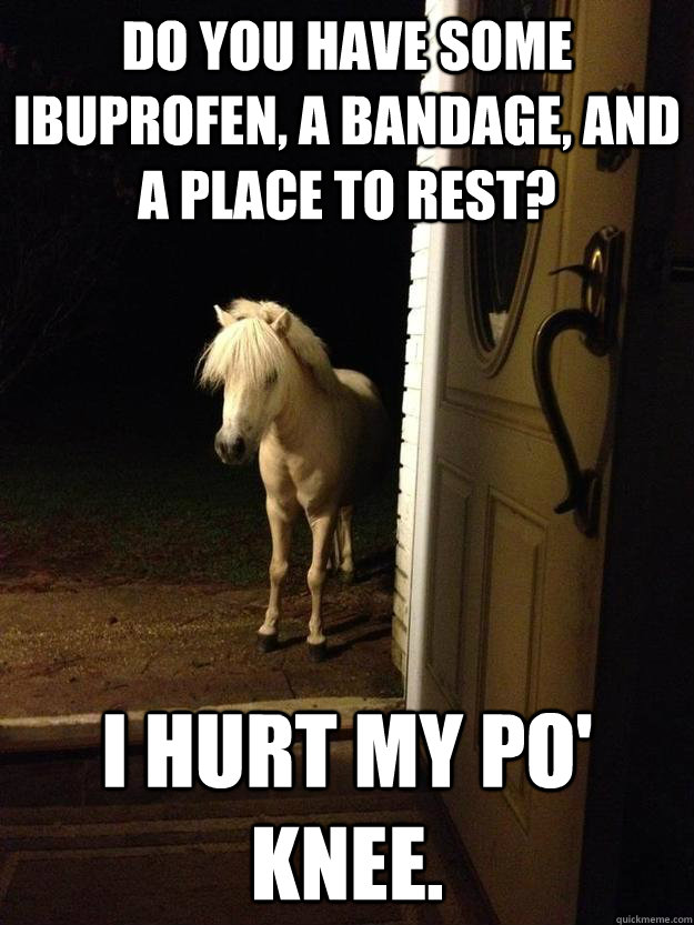 Do you have some ibuprofen, a bandage, and a place to rest? I hurt my po' knee.   - Do you have some ibuprofen, a bandage, and a place to rest? I hurt my po' knee.    Neighborhood Nuisance