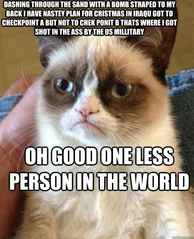 dashing through the sand with a bomb straped to my back i have nastey plan for cristmas in iraqu got to checkpoint a but not to chek ponit B thats where i got shot in the ass by the us millitary oh good one less person in the world  Grumpy Cat