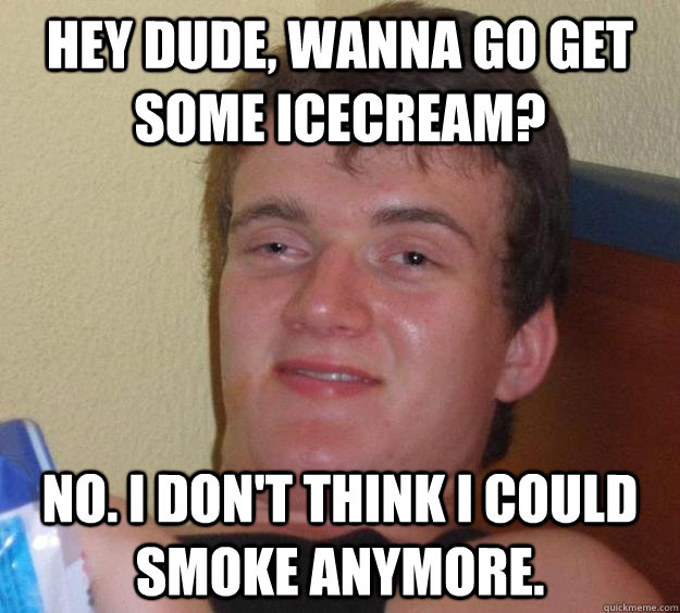 Hey dude, wanna go get some icecream? No. I don't think I could smoke anymore.  10 Guy