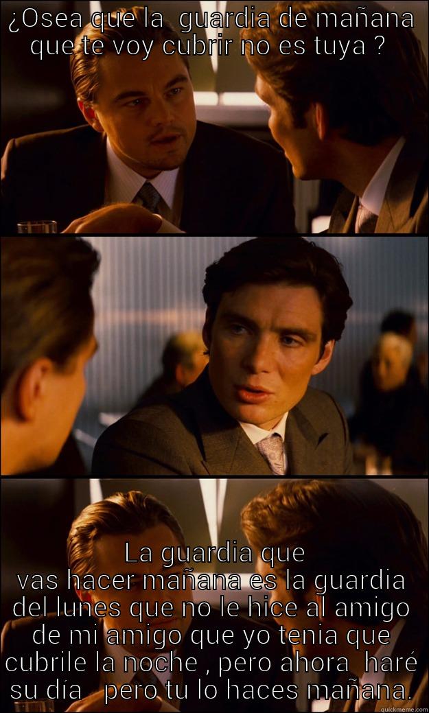  La guardia  - ¿OSEA QUE LA  GUARDIA DE MAÑANA QUE TE VOY CUBRIR NO ES TUYA ?   LA GUARDIA QUE VAS HACER MAÑANA ES LA GUARDIA DEL LUNES QUE NO LE HICE AL AMIGO DE MI AMIGO QUE YO TENIA QUE CUBRILE LA NOCHE , PERO AHORA  HARÉ SU DÍA   PERO TU LO HACES MAÑANA. Inception