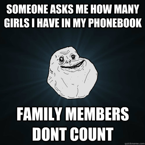 someone asks me how many girls i have in my phonebook FAMILY MEMBERS DONT COUNT  Forever Alone