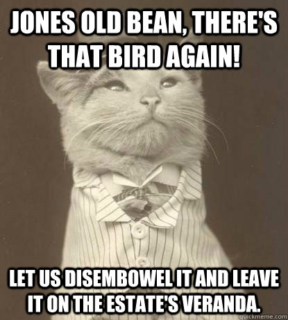 Jones old bean, there's that bird again! Let us disembowel it and leave it on the estate's veranda.   Aristocat