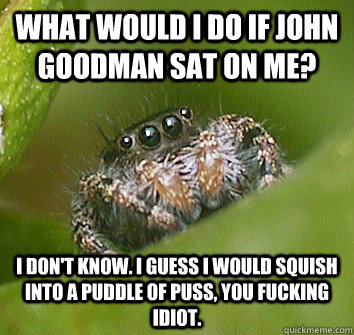 What would I do if John Goodman sat on me? I don't know. I guess I would squish into a puddle of puss, you fucking idiot.  Misunderstood Spider