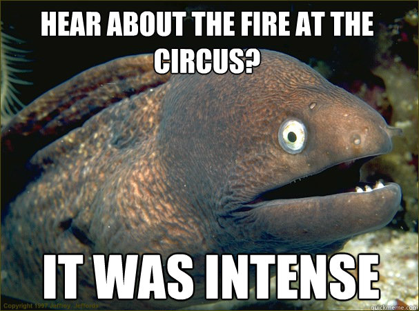 it was intense Hear about the fire at the circus?  Bad Joke Eel