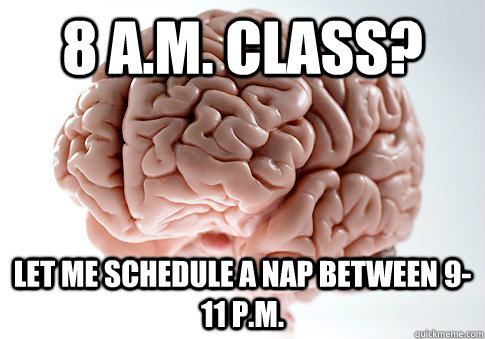 8 A.M. Class? let me schedule a nap between 9-11 p.m.  Scumbag Brain