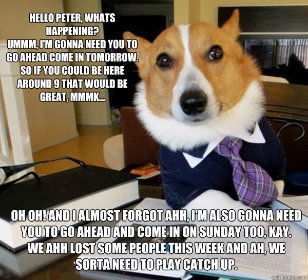 Hello Peter, whats happening? 
Ummm, I'm gonna need you to go ahead come in tomorrow. 
So if you could be here around 9 that would be great, mmmk...  oh oh! and I almost forgot ahh, I'm also gonna need you to go ahead and come in on Sunday too, kay. 
We a  Lawyer Dog