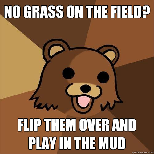 No grass on the field? Flip them over and play in the mud - No grass on the field? Flip them over and play in the mud  Pedobear