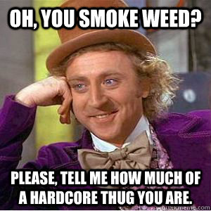 Oh, you smoke weed? PLEASE, TELL ME HOW MUCH OF A HARDCORE THUG YOU ARE.  willy wonka