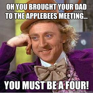 Oh you brought your dad to the applebees meeting... You must be a four!  willy wonka