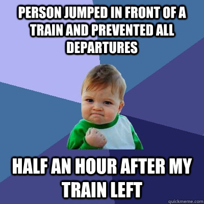 Person jumped in front of a train and prevented all departures  Half an hour after my train left  Success Kid