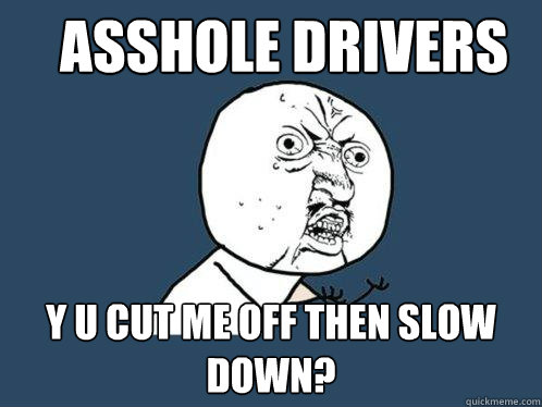 Asshole drivers y u cut me off then slow down?  Y U No