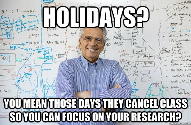 Holidays? You mean those days they cancel class so you can focus on your research? - Holidays? You mean those days they cancel class so you can focus on your research?  Engineering Professor