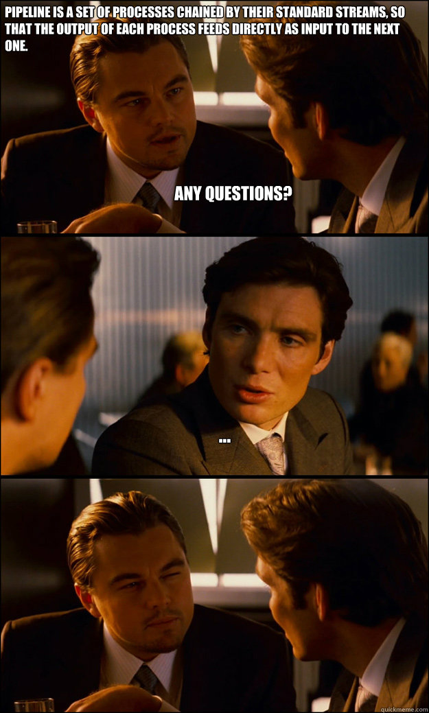 Any questions? ... Pipeline is a set of processes chained by their standard streams, so that the output of each process feeds directly as input to the next one.  Inception