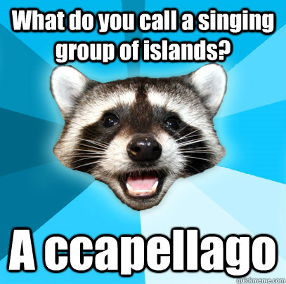 What do you call a singing group of islands? A ccapellago - What do you call a singing group of islands? A ccapellago  Lame Pun Coon