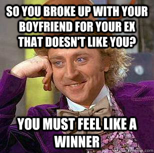 So you broke up with your boyfriend for your ex that doesn't like you? You must feel like a winner  Condescending Wonka