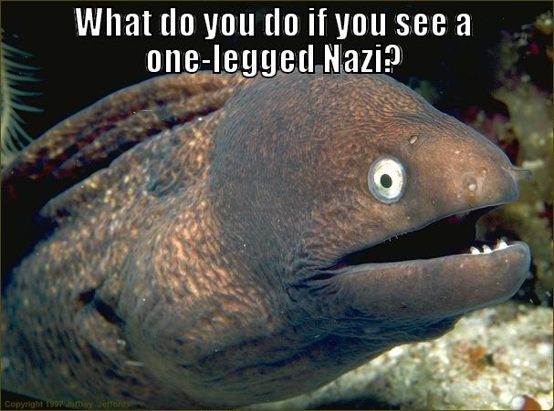 WHAT DO YOU DO IF YOU SEE A ONE-LEGGED NAZI? WHAT DO YOU DO IF YOU SEE A ONE-LEGGED NAZI? LAUGH AND RELOAD Bad Joke Eel