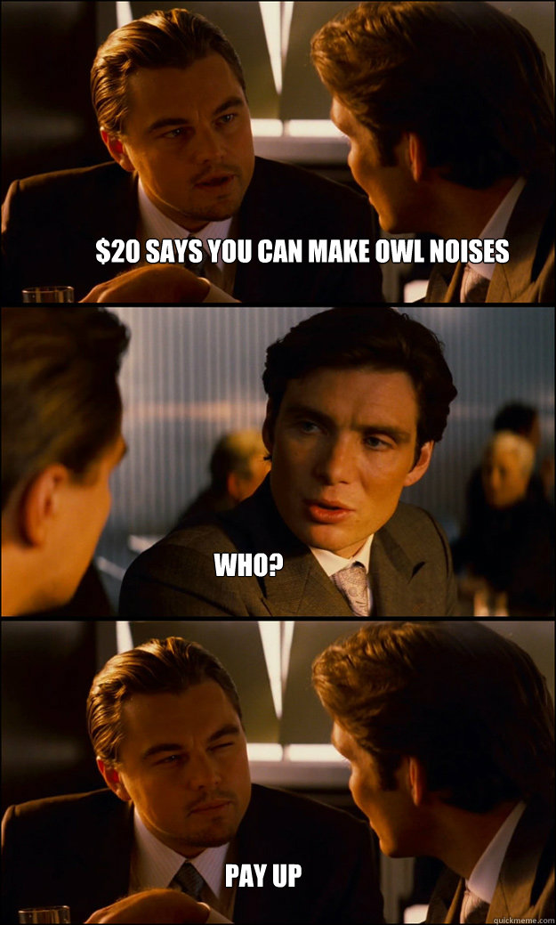 $20 says you can make owl noises who? pay up  Inception