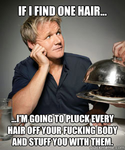 If I find one hair... ...I'm going to pluck every hair off your fucking body and stuff you with them.  Gordon Ramsay Is Served