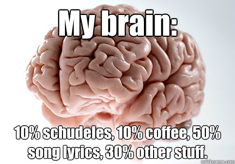 My brain: 10% schudeles, 10% coffee, 50% song lyrics, 30% other stuff.  Scumbag Brain