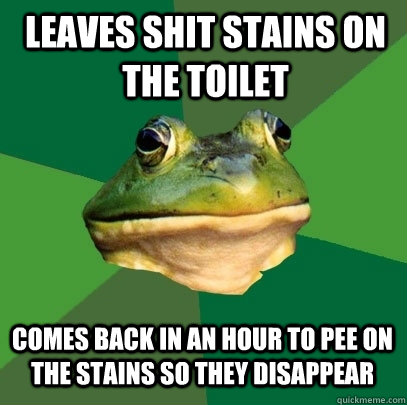 Leaves shit stains on the toilet  comes back in an hour to pee on the stains so they disappear - Leaves shit stains on the toilet  comes back in an hour to pee on the stains so they disappear  Foul Bachelor Frog