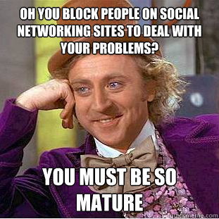 Oh you block people on social networking sites to deal with your problems? You must be so mature  Condescending Wonka