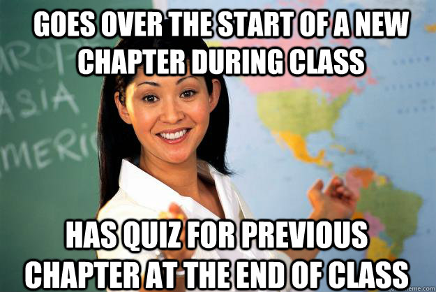 Goes over the start of a new Chapter during class has quiz for previous chapter at the end of class  Unhelpful High School Teacher