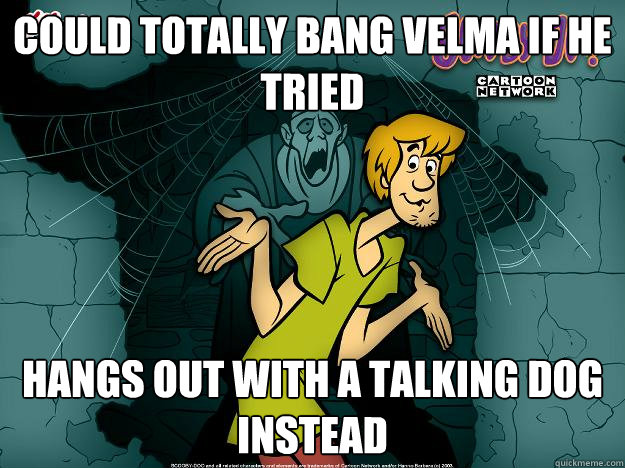 could totally bang velma if he tried hangs out with a talking dog instead  Irrational Shaggy