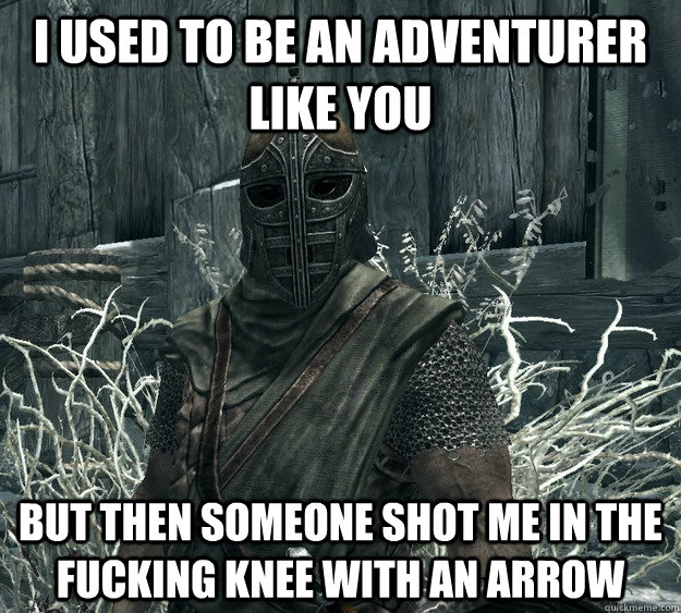 I used to be an adventurer like you but then someone shot me in the fucking knee with an arrow - I used to be an adventurer like you but then someone shot me in the fucking knee with an arrow  Skyrim Guard