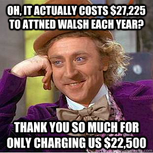 Oh, it actually costs $27,225 to attned walsh each year? Thank you so much for only charging us $22,500  Condescending Wonka