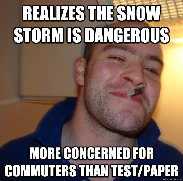 realizes the snow storm is dangerous more concerned for commuters than test/paper - realizes the snow storm is dangerous more concerned for commuters than test/paper  Misc