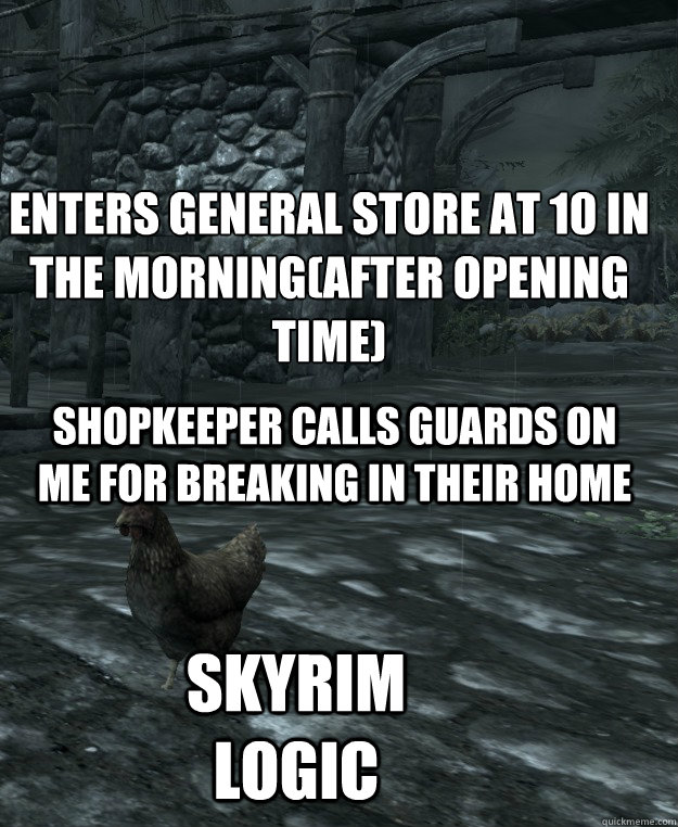 ENTERS GENERAL STORE AT 10 in the morning(after opening time)
 Shopkeeper calls guards on me for breaking in their home Skyrim logic  Skyrim Logic