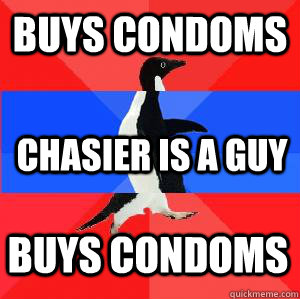 Buys Condoms chasier is a guy buys condoms - Buys Condoms chasier is a guy buys condoms  Socially awesome awkward awesome penguin