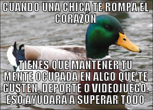 CUANDO UNA CHICA TE ROMPA EL CORAZÓN TIENES QUE MANTENER TU MENTE OCUPADA EN ALGO QUE TE GUSTEN, DEPORTE O VIDEOJUEGO. ESO AYUDARÁ A SUPERAR TODO Actual Advice Mallard