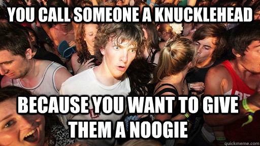 you call someone a knucklehead because you want to give them a noogie - you call someone a knucklehead because you want to give them a noogie  Sudden Clarity Clarence