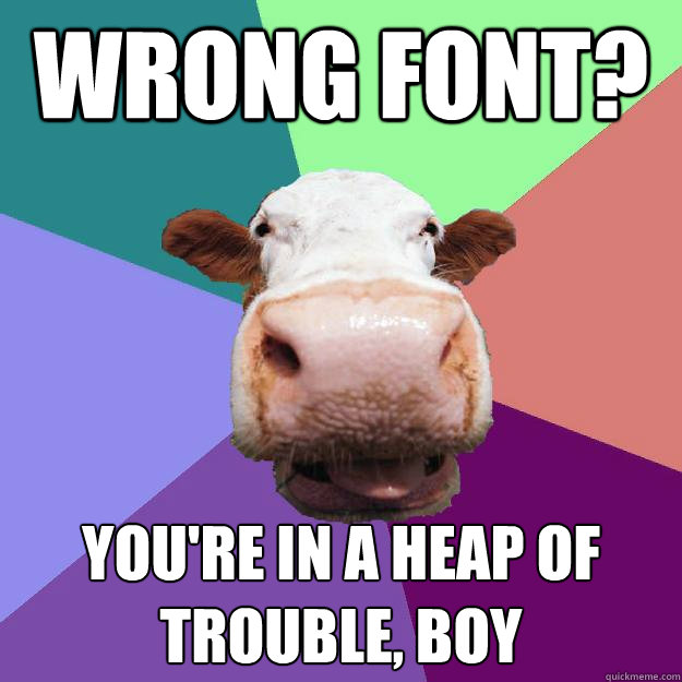 WRONG FONT? YOU'RE IN A HEAP OF TROUBLE, BOY  Meme Police Cow