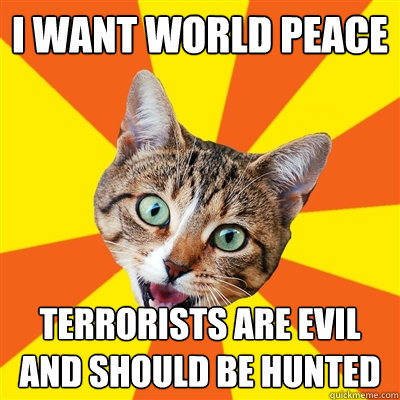 I want world peace terrorists are evil and should be hunted  Bad Advice Cat