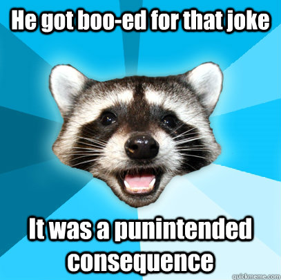 He got boo-ed for that joke It was a punintended consequence  Lame Pun Coon