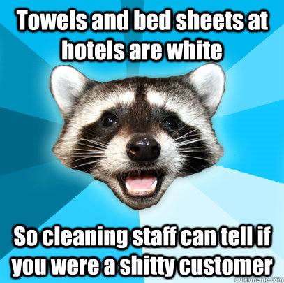 Towels and bed sheets at hotels are white So cleaning staff can tell if you were a shitty customer    Lame Pun Coon