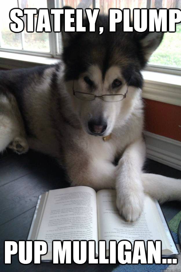 Stately, plump pup mulligan...  Condescending Literary Pun Dog