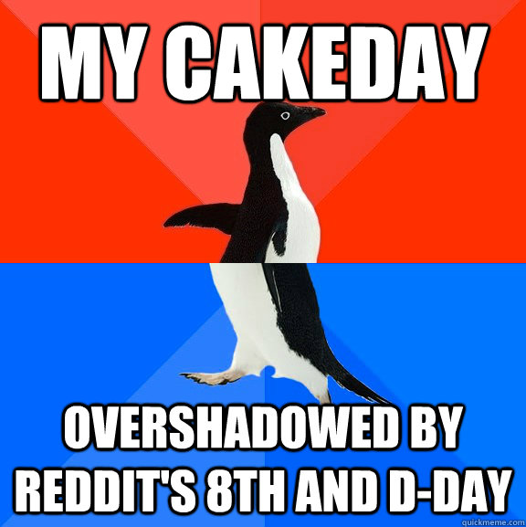 My cakeday overshadowed by reddit's 8th and d-day  Socially Awesome Awkward Penguin