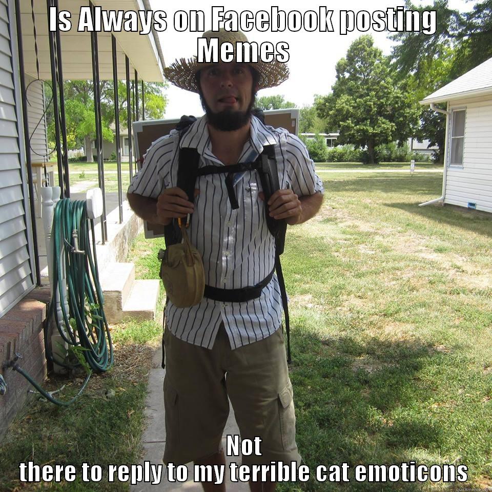 IS ALWAYS ON FACEBOOK POSTING MEMES NOT THERE TO REPLY TO MY TERRIBLE CAT EMOTICONS Misc