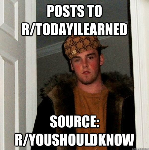 Posts to r/TodayILearned Source: r/youshouldknow  Scumbag Steve