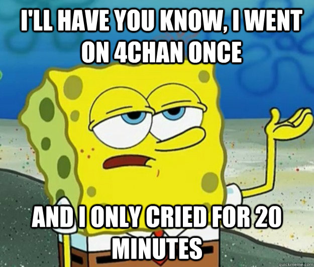 I'll have you know, I went on 4chan once and I only cried for 20 minutes - I'll have you know, I went on 4chan once and I only cried for 20 minutes  How tough am I