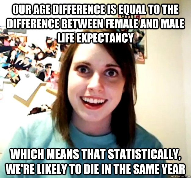 Our age difference is equal to the difference between female and male life expectancy which means that statistically, we're likely to die in the same year  Overly Attached Girlfriend