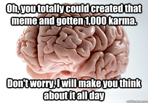 Oh, you totally could created that meme and gotten 1,000 karma. Don't worry, I will make you think about it all day  Scumbag Brain