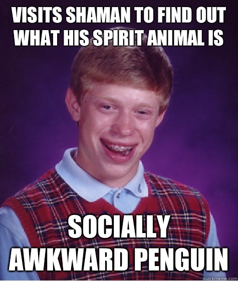 Visits shaman to find out what his spirit animal is Socially awkward penguin  Bad Luck Brian